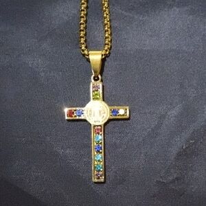 Vibrant Gold Cross Necklace with Multicolor Stones